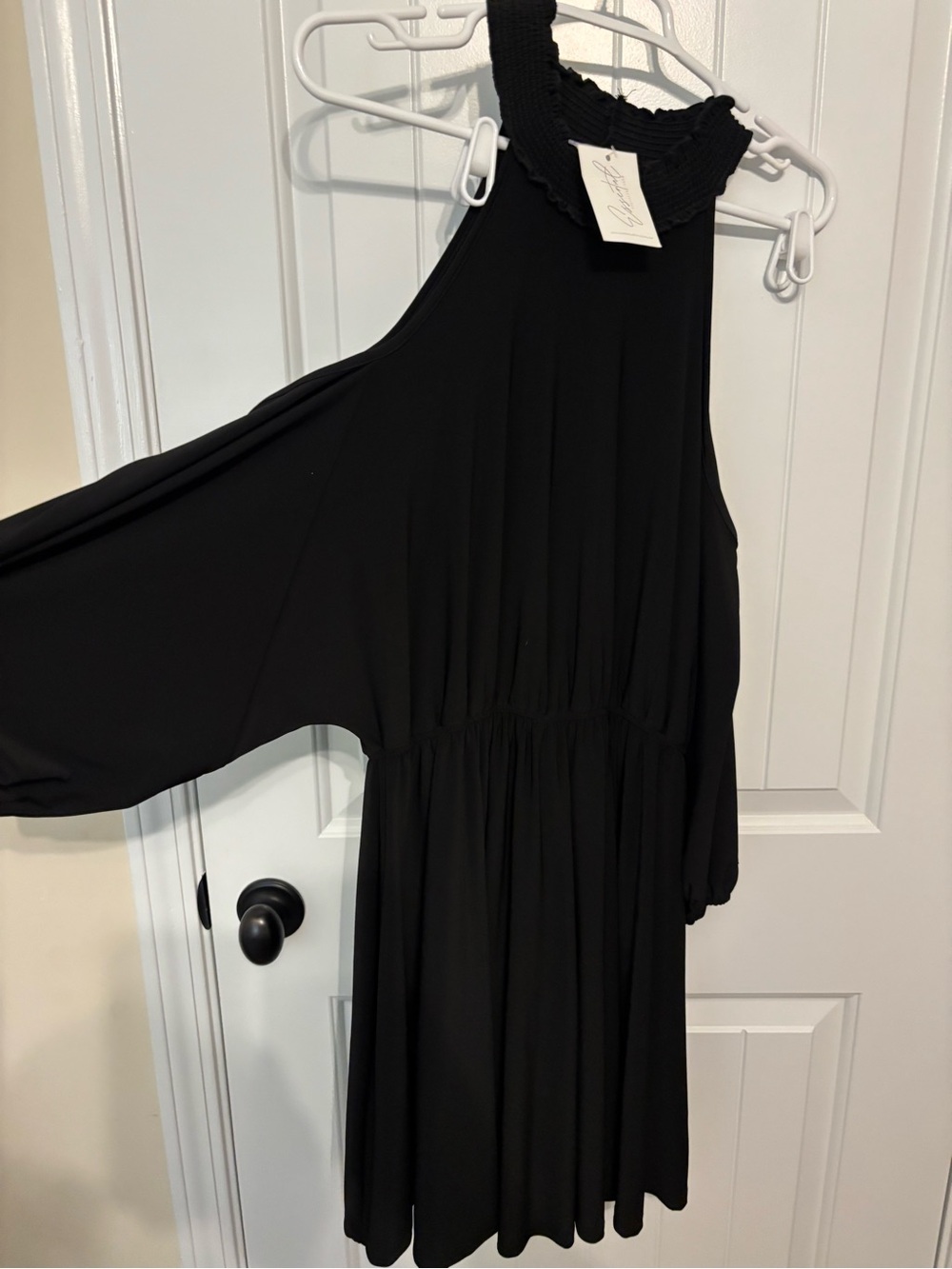 white birch Black One-Shoulder Smocked Neck Dress